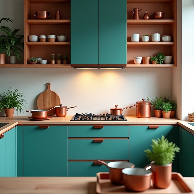 Cozinha com armários em verde-azulado e detalhes em cobre