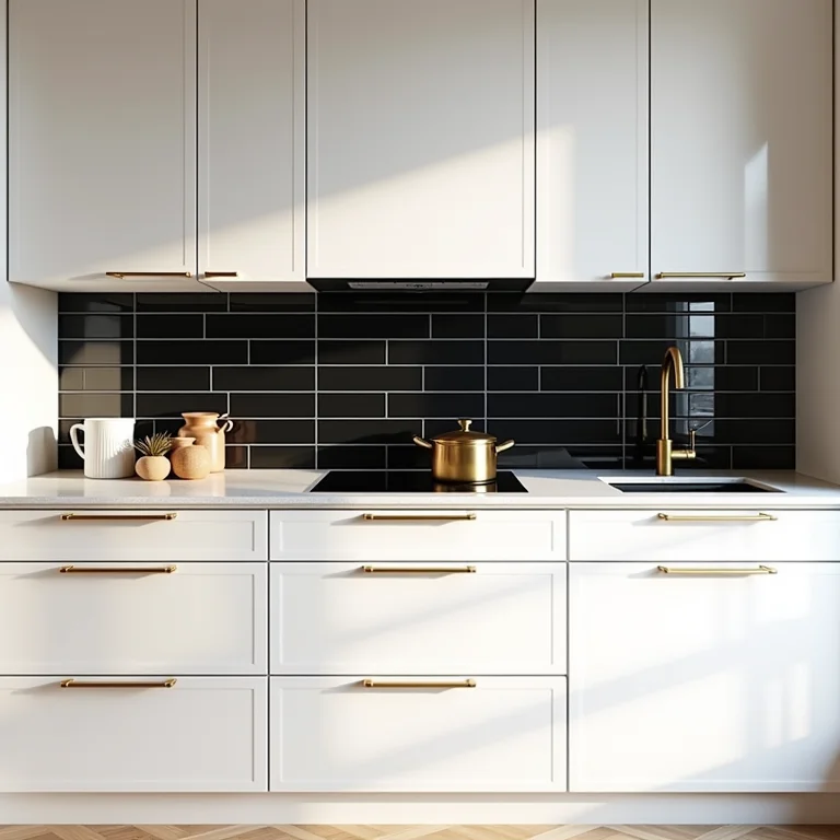 Cozinha com azulejo de metrô preto, armários brancos e detalhes dourados