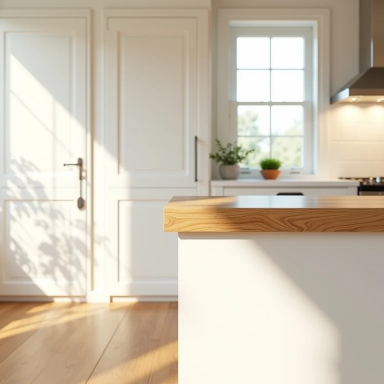 Cozinha com bancada de madeira clara e design clean