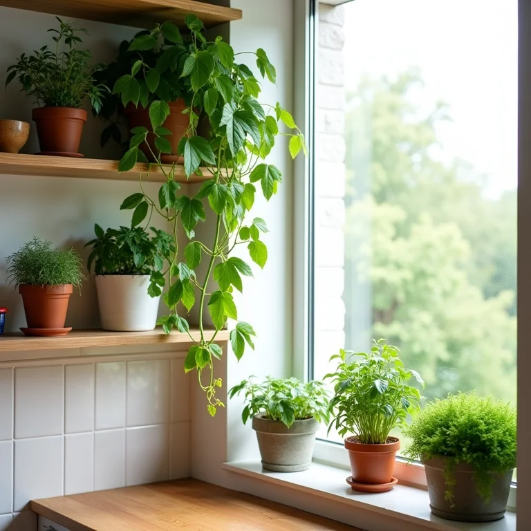Cozinha com decoração biofílica, plantas e madeira natural.