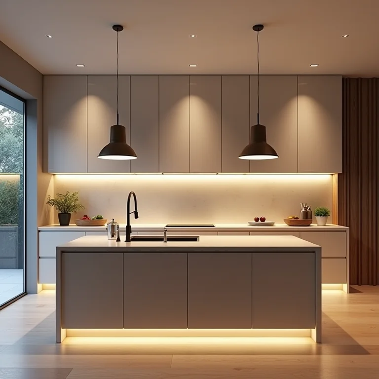 Cozinha com diferentes tipos de iluminação