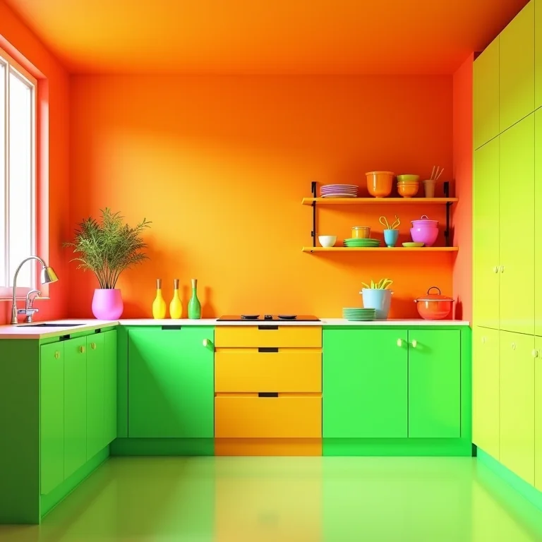 Cozinha com excesso de cores vibrantes.