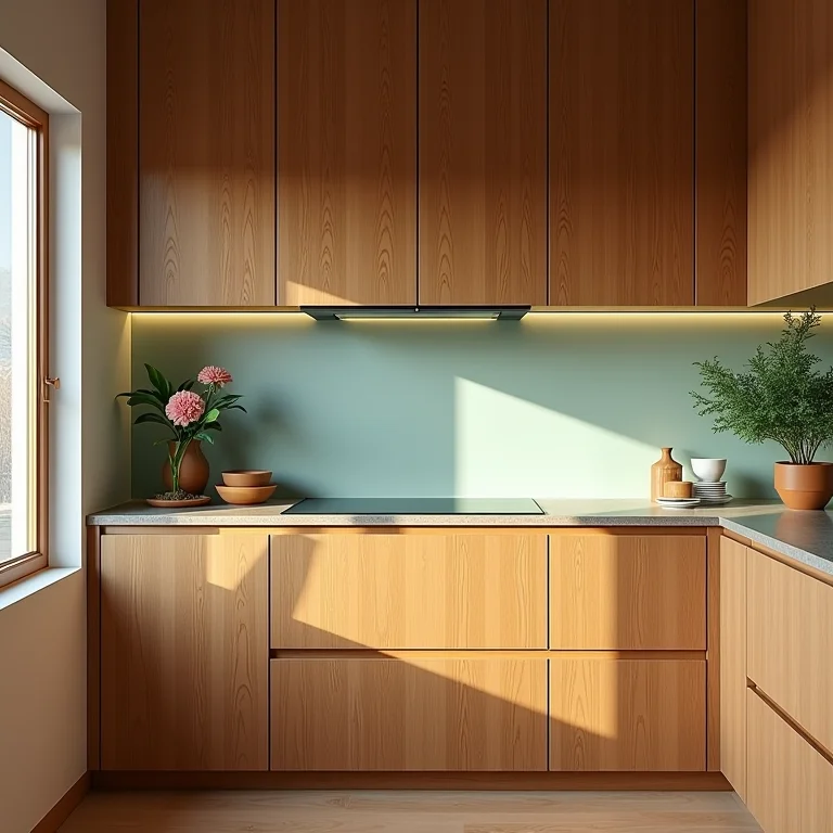 Cozinha com materiais sustentáveis, como bambu e vidro reciclado.