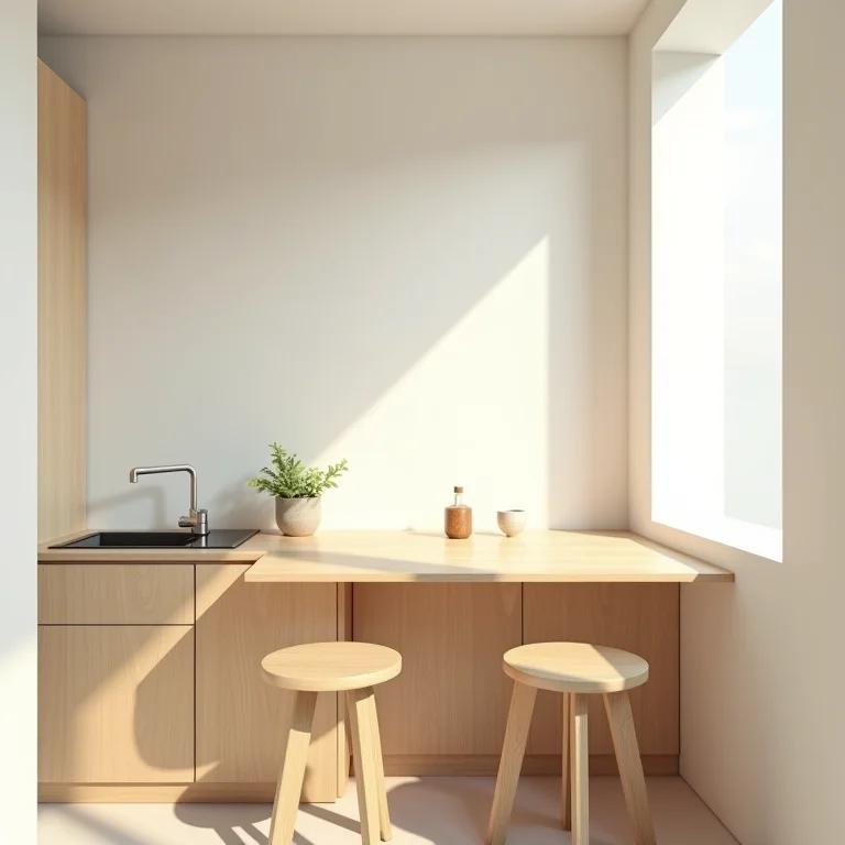 Cozinha compacta com bancada de madeira clara e banquetas.