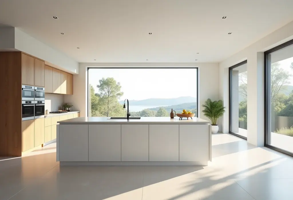 Cozinha contemporânea com ilha central espaçosa e iluminada