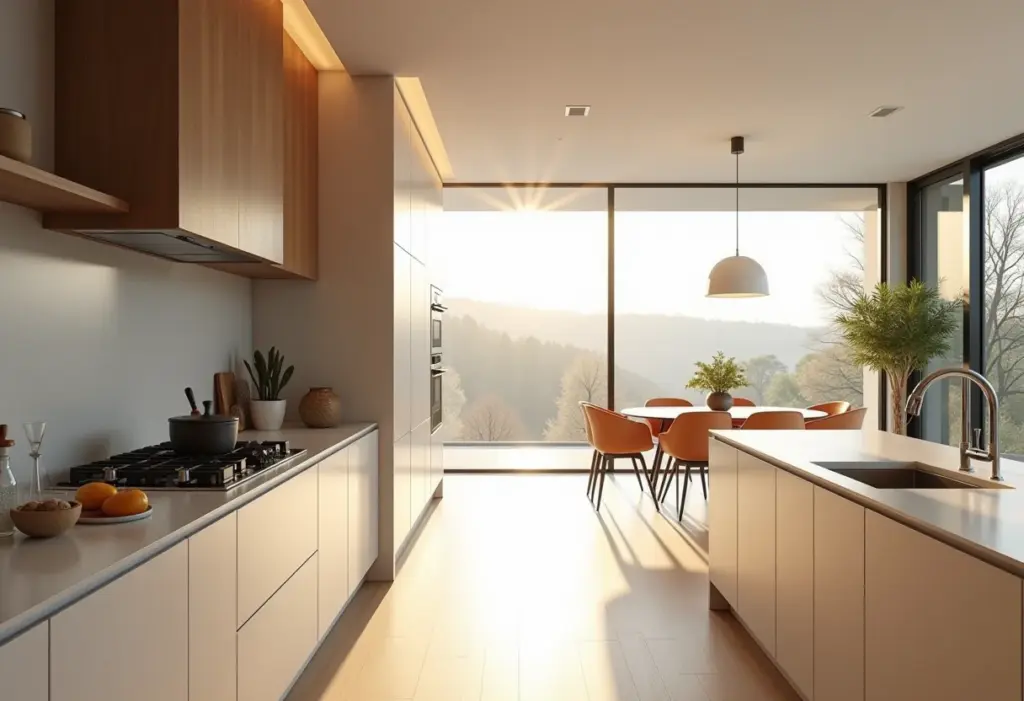 Cozinha corredor moderna com design minimalista e iluminação natural