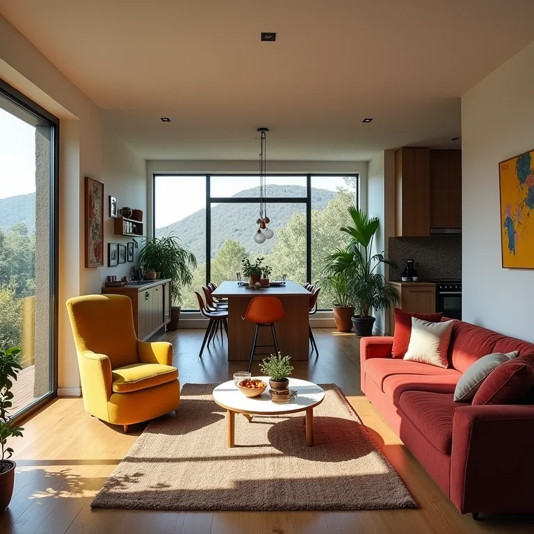 Cozinha e sala de estar em conceito aberto com estilos incompatíveis