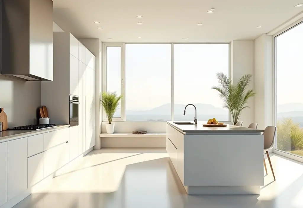 Cozinha em L moderna e bem iluminada