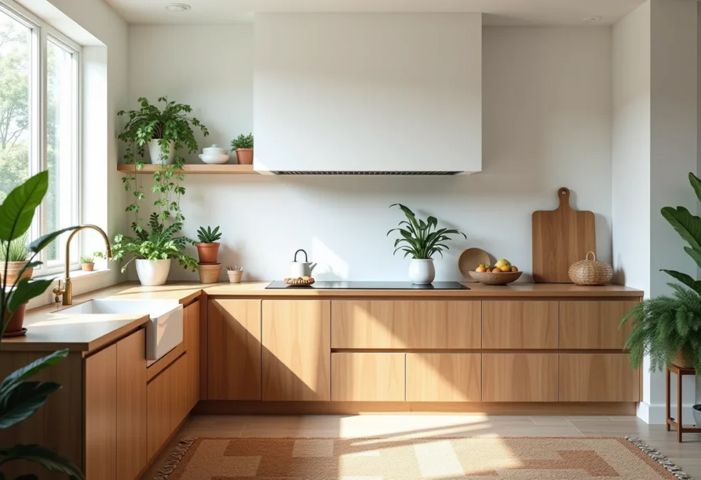 Cozinha estilo boho: 7 erros que você precisa evitar JÁ! Cozinha estilo boho com armários de madeira clara, tapetes vintage e plantas.