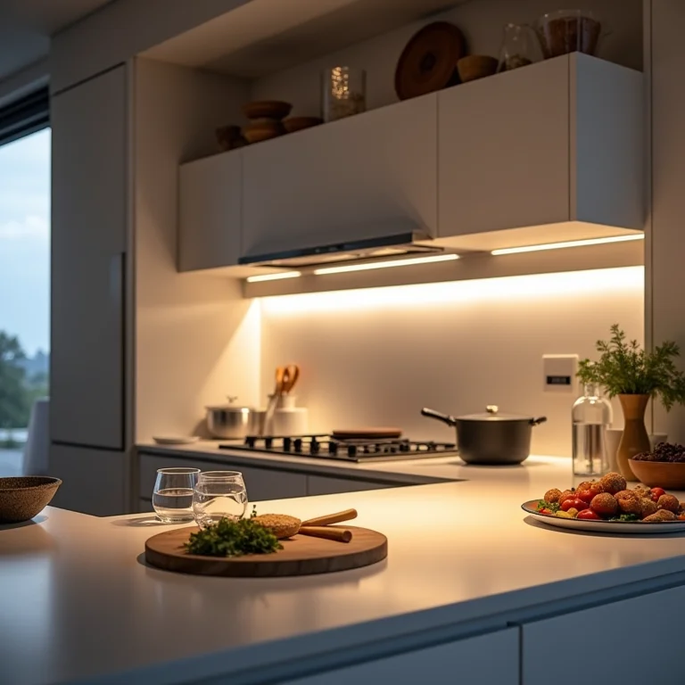 Cozinha funcional com iluminação direcionada