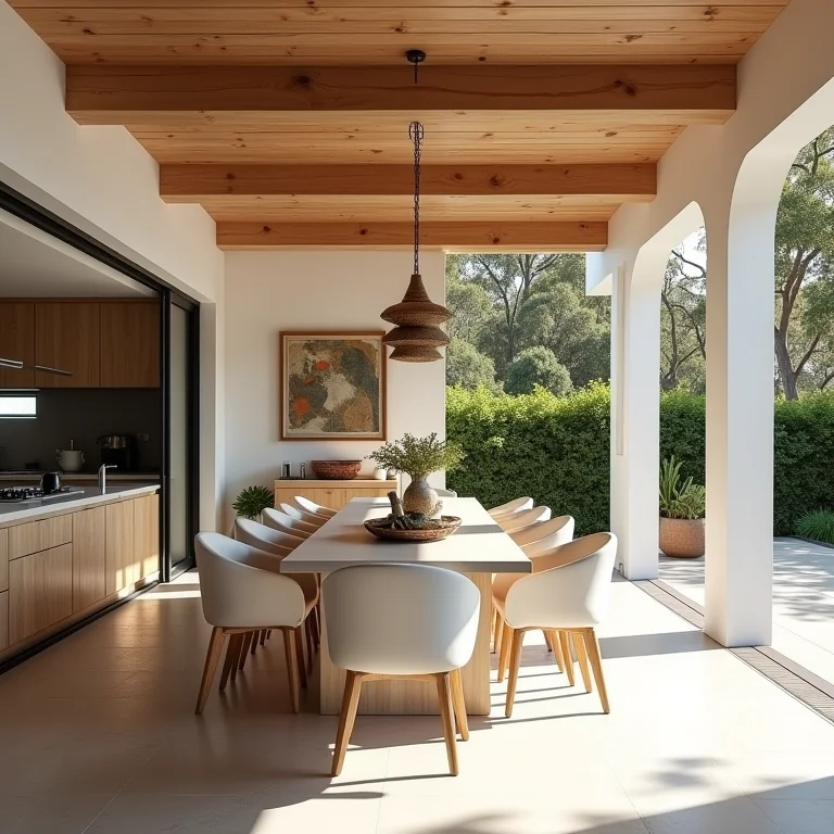 Cozinha gourmet integrada à sala de jantar e área de churrasco.