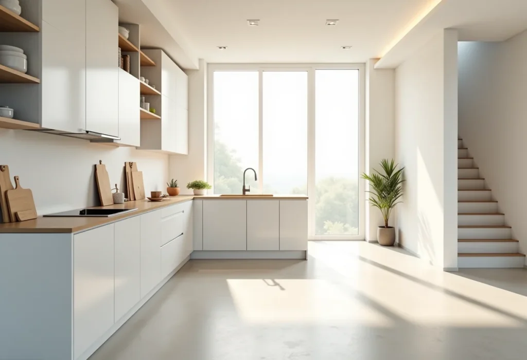 Cozinha grande em reforma com iluminação natural