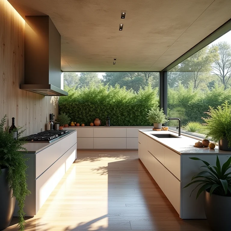 Cozinha minimalista com churrasqueira de última geração e jardim de ervas.