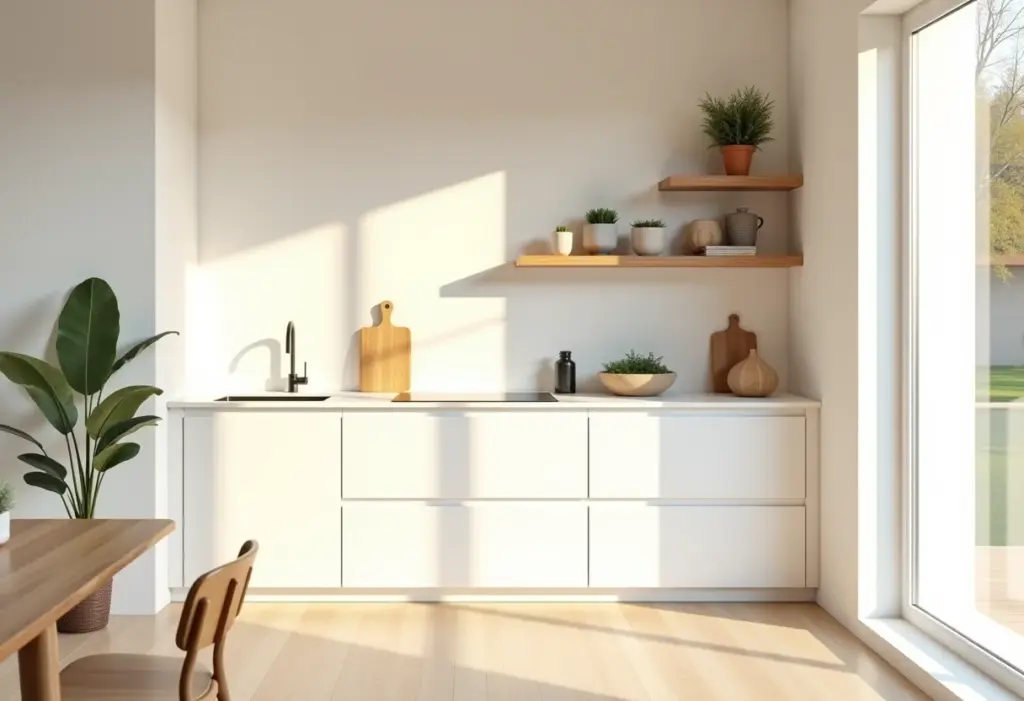 Cozinha minimalista com design clean e toques de madeira