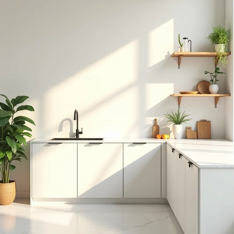 Cozinha minimalista e iluminada com plantas e prateleiras abertas