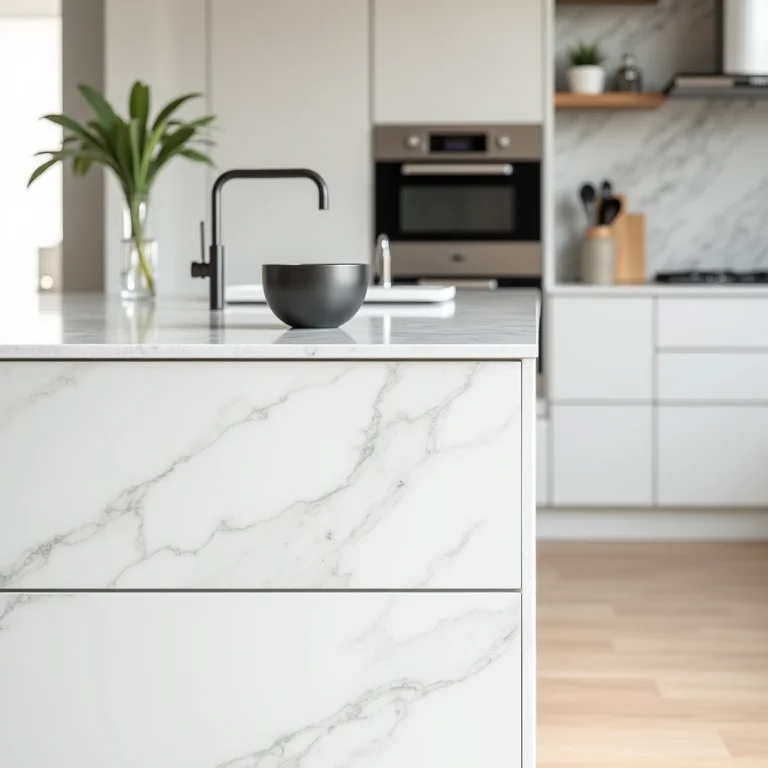 Cozinha moderna com armários cinza claro e bancada de mármore