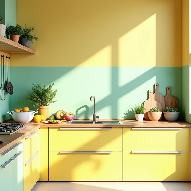 Cozinha moderna com armários coloridos e ingredientes frescos.