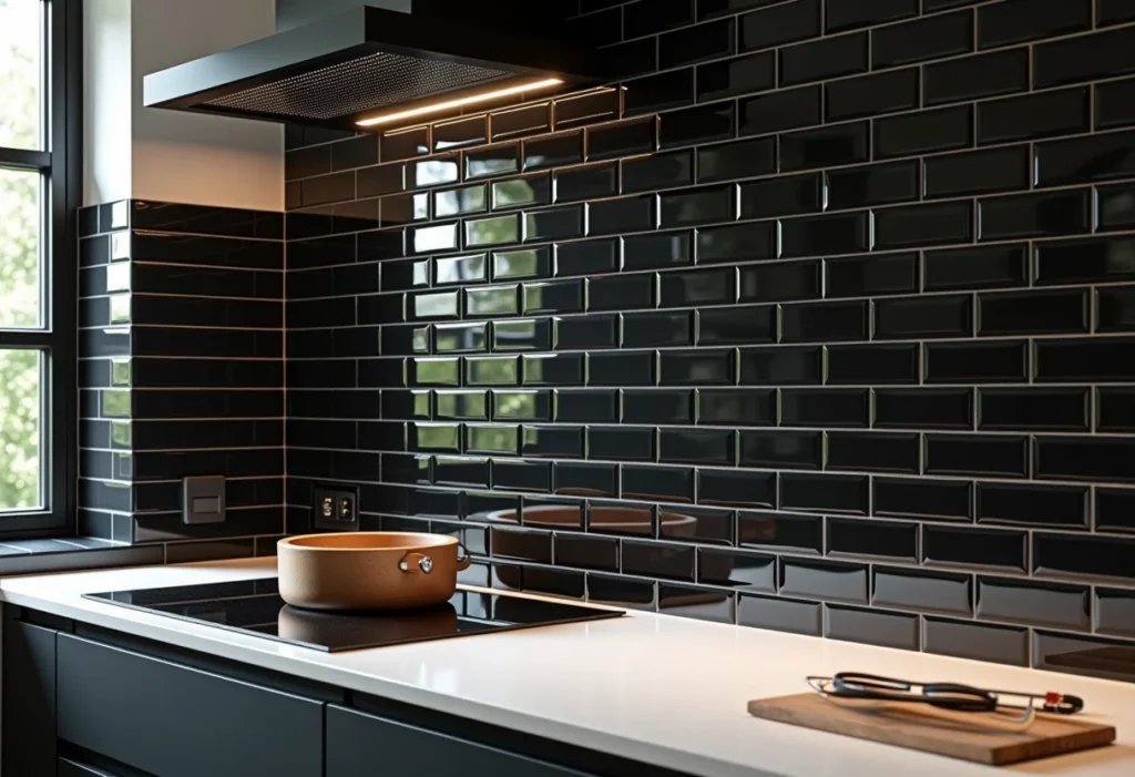 Cozinha moderna com backsplash de azulejo de metrô preto