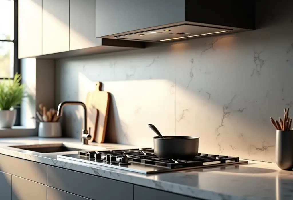 Cozinha moderna com backsplash de pastilhas de inox