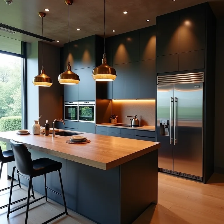 Cozinha moderna com balcão de madeira