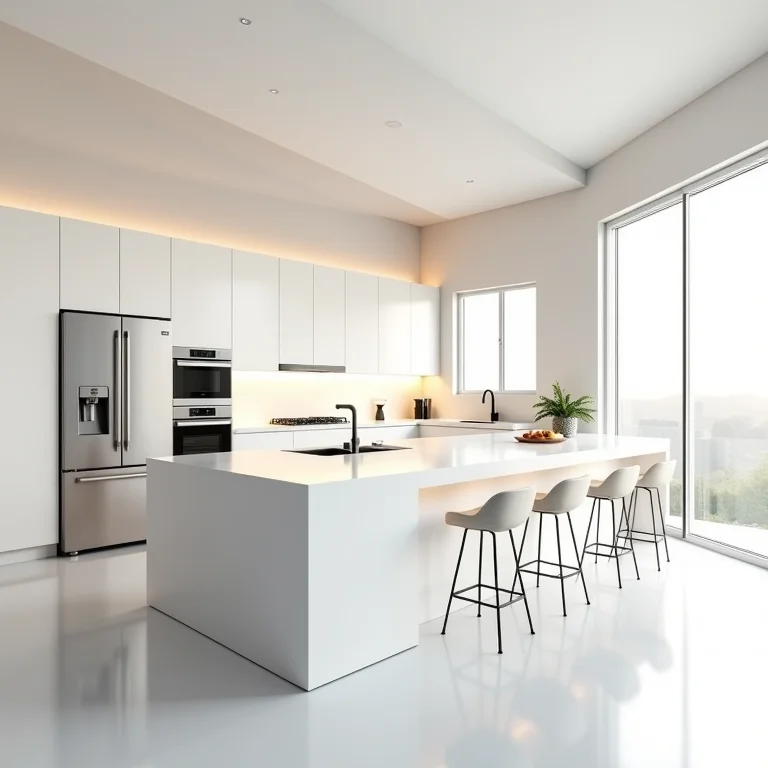 Cozinha moderna com ilha e bancada branca