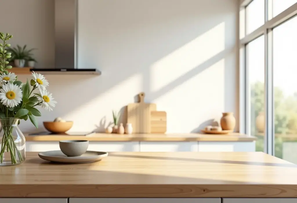 Cozinha com bancada de madeira: o guia COMPLETO para acertar Cozinha moderna com ilha e bancada de madeira clara.