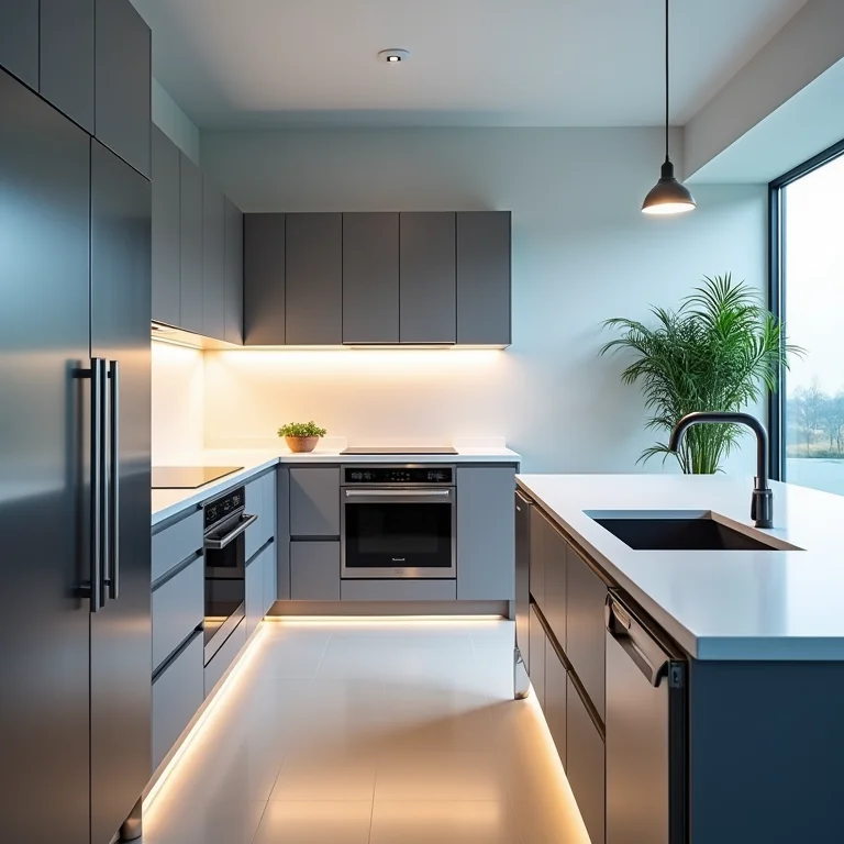 Cozinha moderna com iluminação fria e funcional