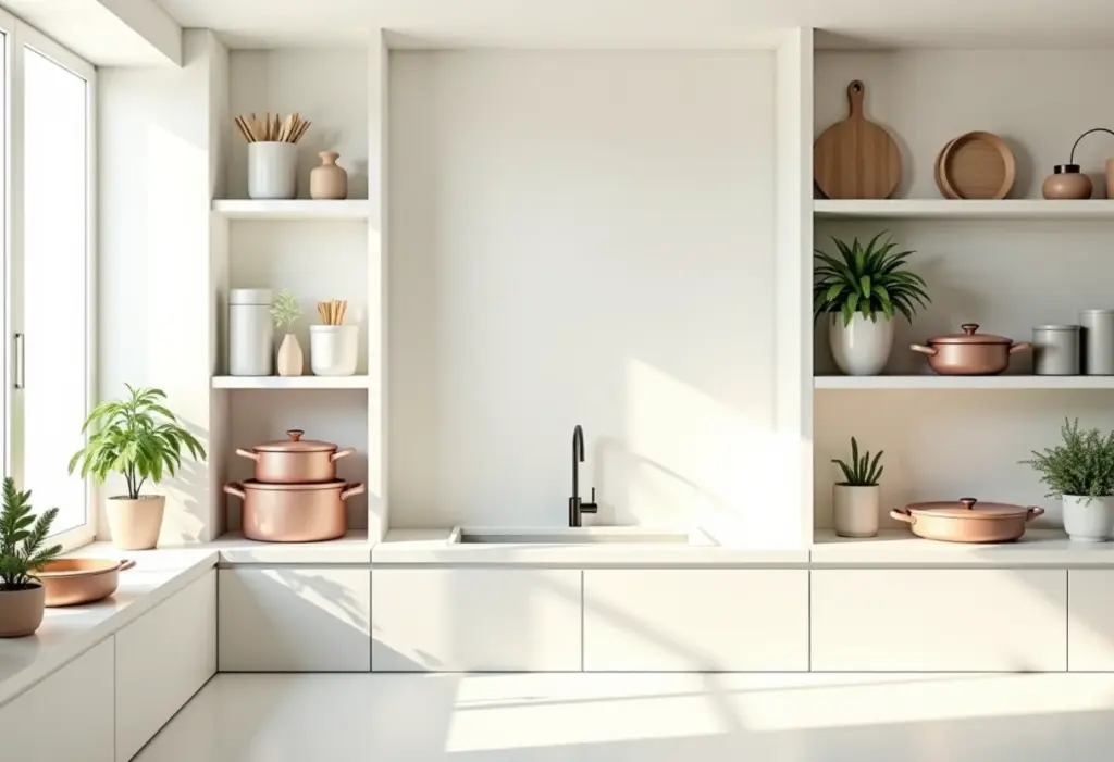 Cozinha moderna com nichos organizados e decorados