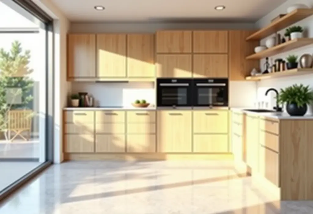 Cozinha com piso vinílico: o guia definitivo para não errar Cozinha moderna com piso vinílico claro e armários de madeira