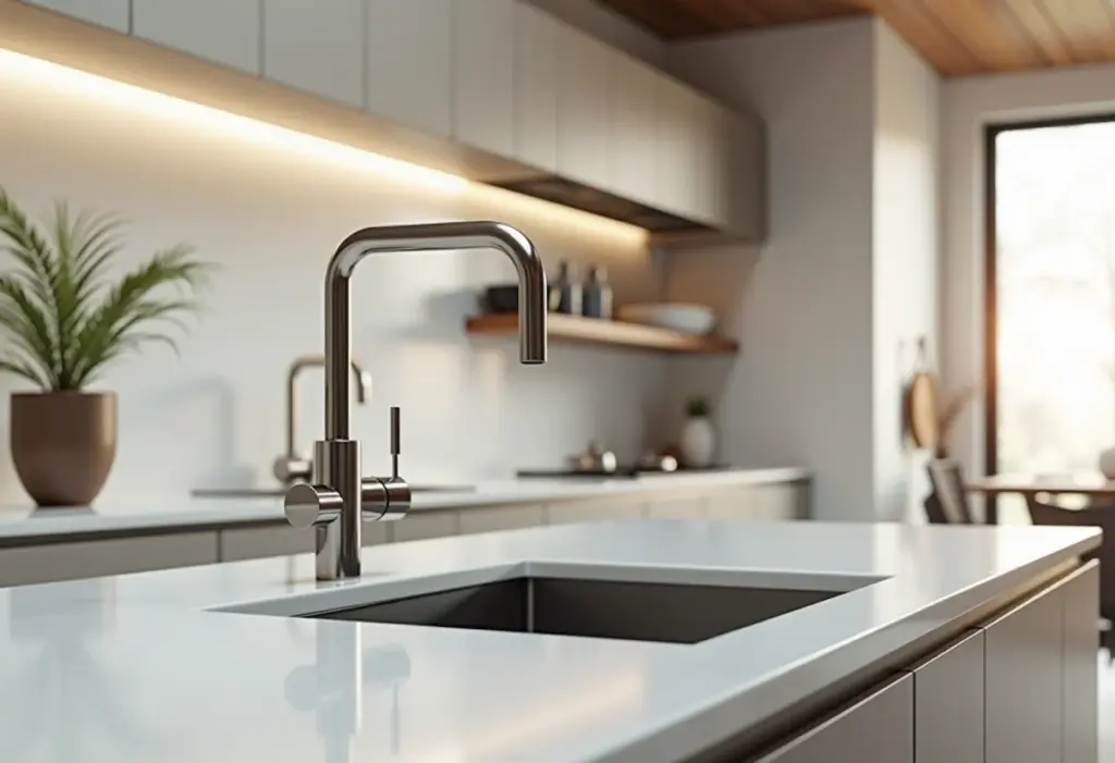 Torneira Gourmet: o segredo das cozinhas de chef que você precisa ter Cozinha moderna com torneira gourmet de aço inoxidável