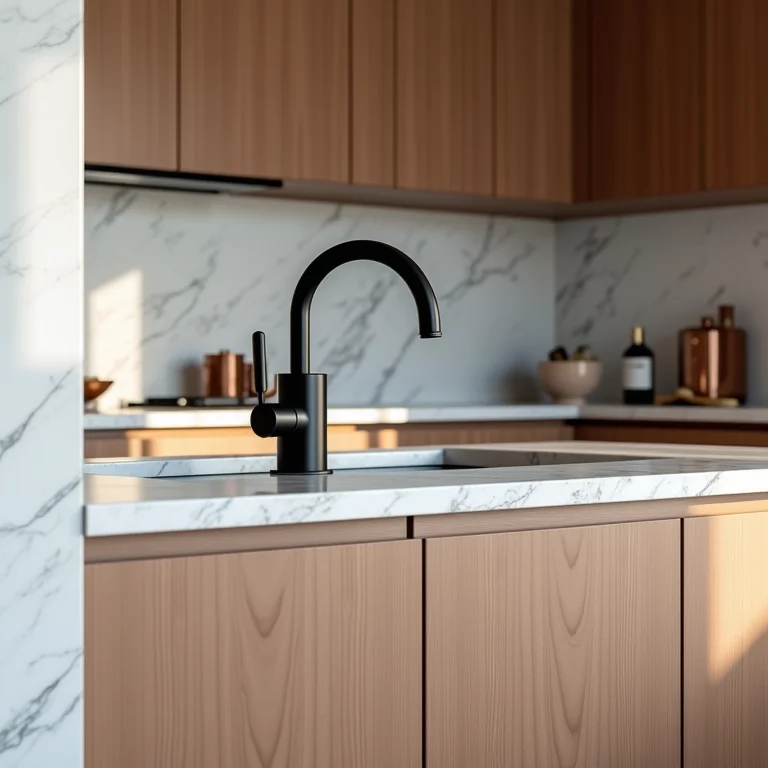 Cozinha moderna com torneira preta e detalhes em cobre