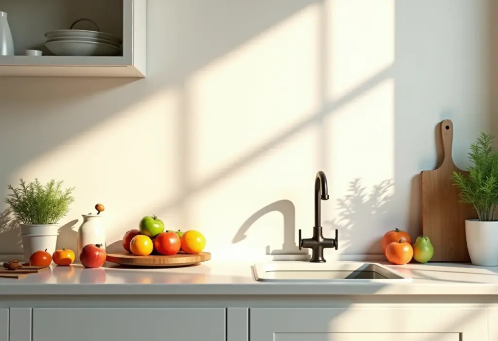 Tendências de Cozinha: O que vai bombar em 2025 (e o que evitar) Cozinha moderna e iluminada com toques de verde e utensílios organizados.