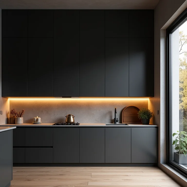 Cozinha pequena com armários aéreos em cores escuras