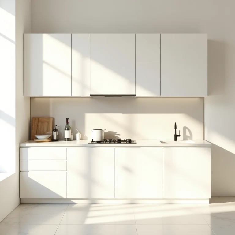 Cozinha pequena com armários claros e backsplash reflexivo