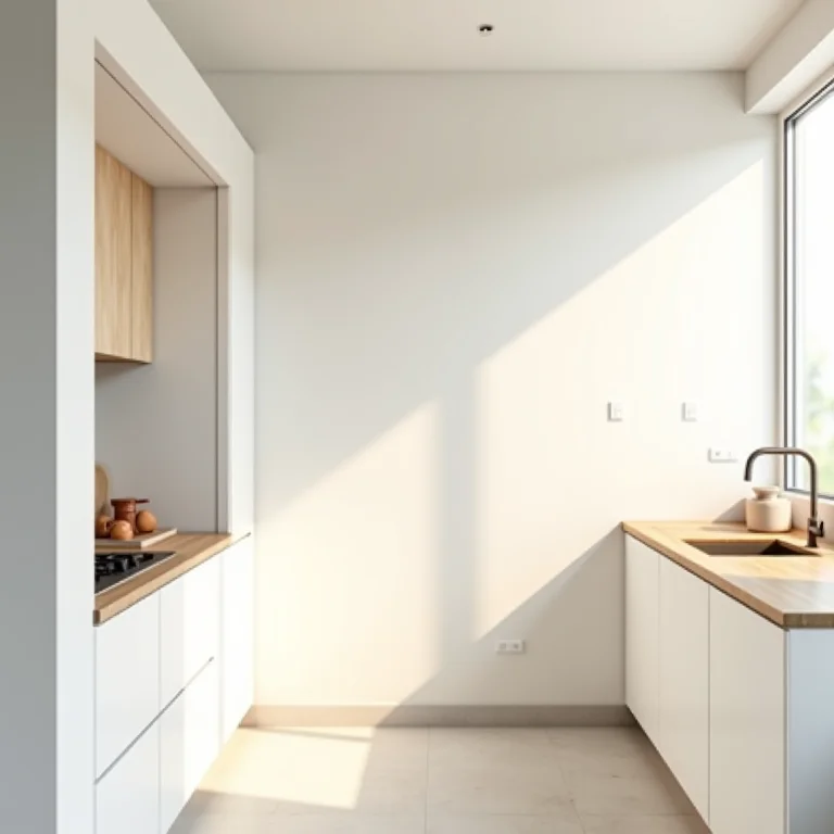 Cozinha pequena com paredes claras que ampliam o espaço.