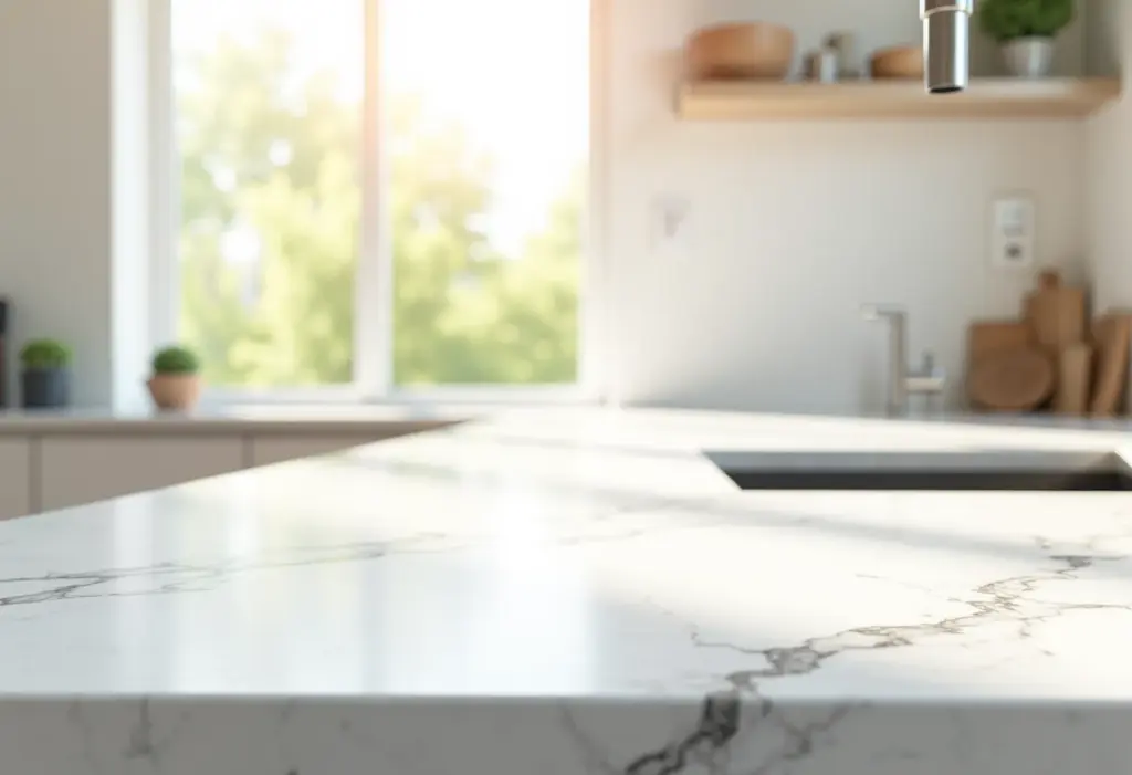 Cozinha pequena e moderna com bancada de quartzo iluminada pela luz natural.