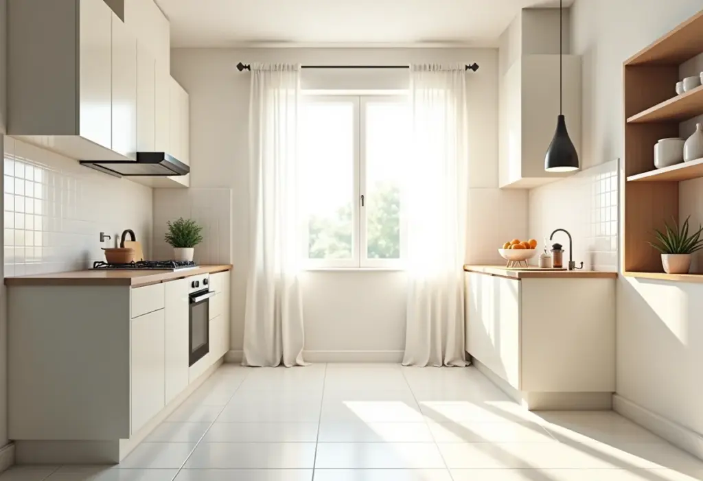 Cozinha pequena reformada com design moderno e iluminação natural.