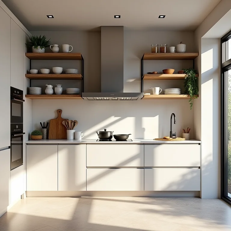 Cozinha planejada americana com prateleiras abertas e otimização vertical.