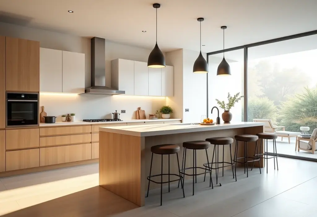 Cozinha planejada com bancada de madeira clara e design moderno