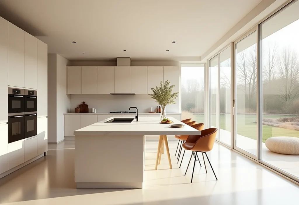 Cozinha planejada com ilha e mesa integradas, design clean e iluminado.