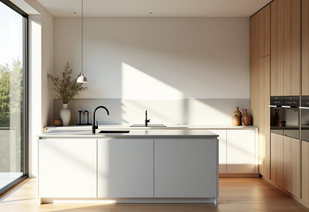 Cozinha planejada moderna com design clean e iluminação natural