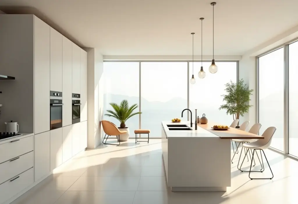 Cozinha planejada moderna com ilha central e iluminação natural.