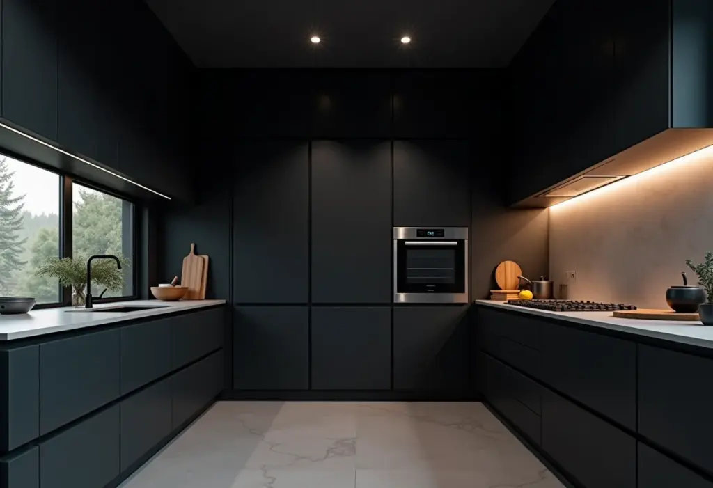 Cozinha planejada preta com design moderno e minimalista