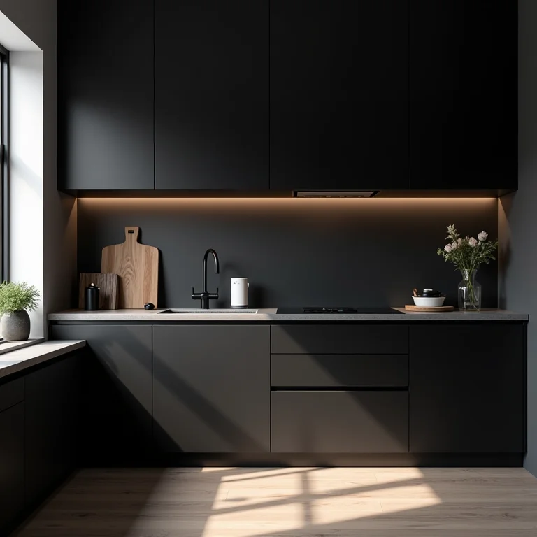 Cozinha planejada preta em estilo minimalista