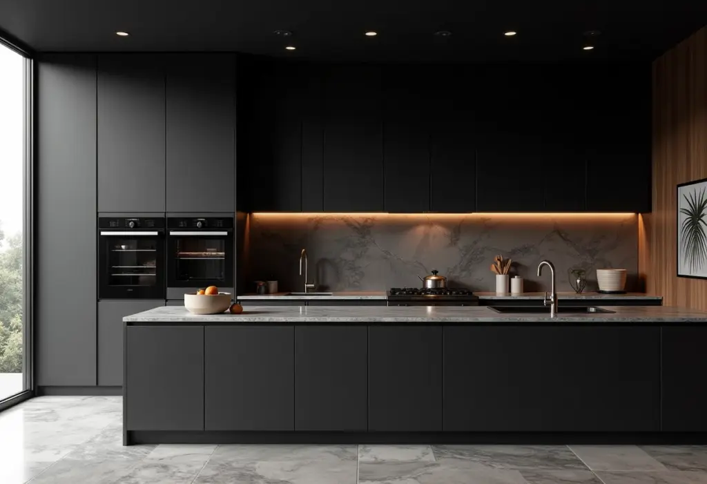 Cozinha preta total: o guia para não errar na decoração Cozinha preta total com design moderno e elegante