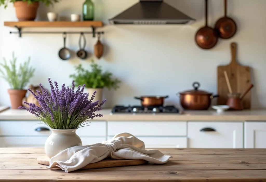 Cozinha Provençal com bancada de pedra e decoração rústica