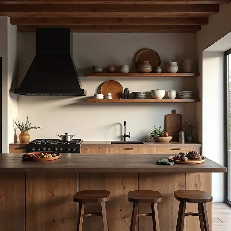 Cozinha rústica moderna com bancada de madeira escura.