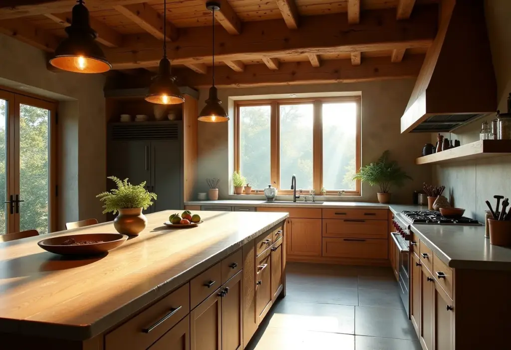 Cozinha rústica moderna com ilha de madeira e bancadas de pedra natural