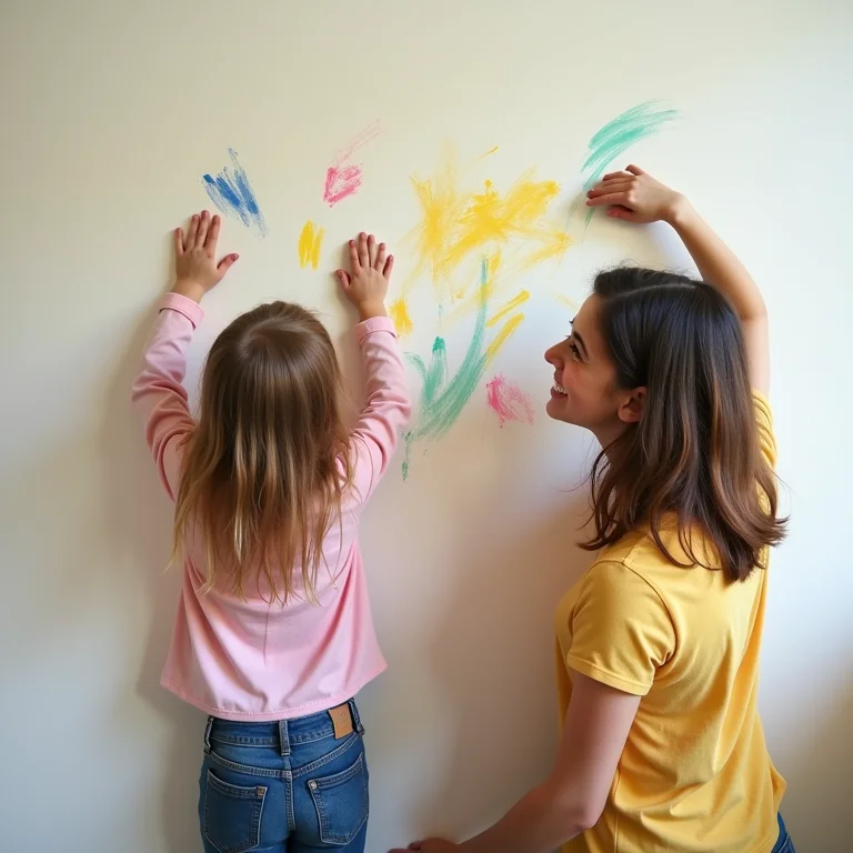 Criança e pai limpando marcas de giz de cera da parede com tinta lavável.