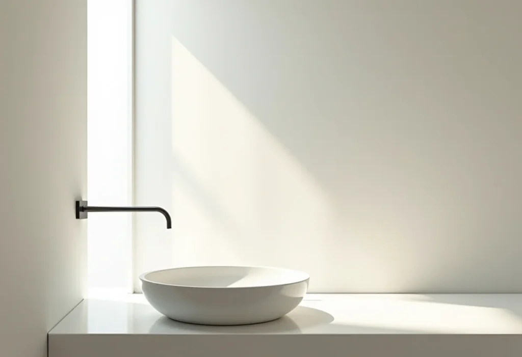 Cuba de sobrepor redonda em banheiro moderno com iluminação natural